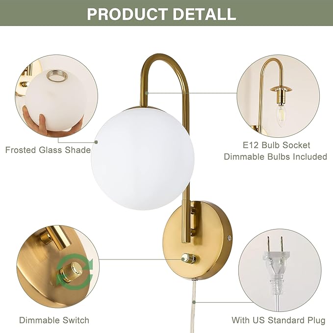 Dimmable E12 Wall Sconces Set of 2,Plug in Wall Sconces with 6.56ft Power Cord,Globe Electric Plug in Wall Sconce,Wall Lights with Milky White Glass Globe Shade(2 Bulbs Included)