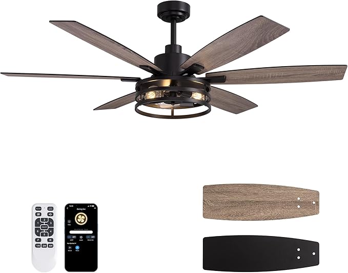 Farmhouse 60 Inch Ceiling Fan with Remote and App Control, Quiet 6-Speed Reversible DC Motor, Black Cage Design for Bedroom, Living Room, Covered Patio