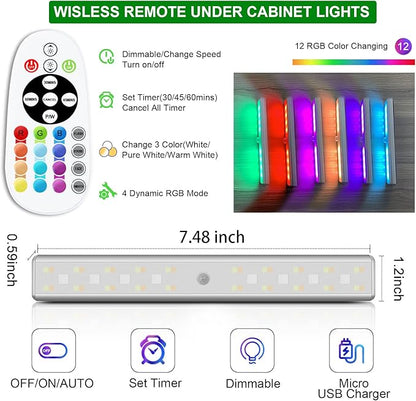 SZOKLED Under Cabinet Lighting 48LED Remote Lights Wireless Kitchen Counter Rechargeable Closet Light Bar, Perfect for Display Shelf Hallway Stairs, 15 Color Changing