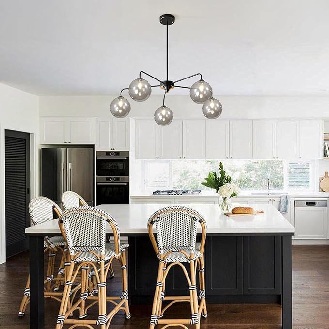 Mid Century Modern Chandelier Smoky Gray Clear Glass Globe Ceiling Light Fixture 5 Light Black Sputnik Chandelier for Kitchen Dining Room Bedroom