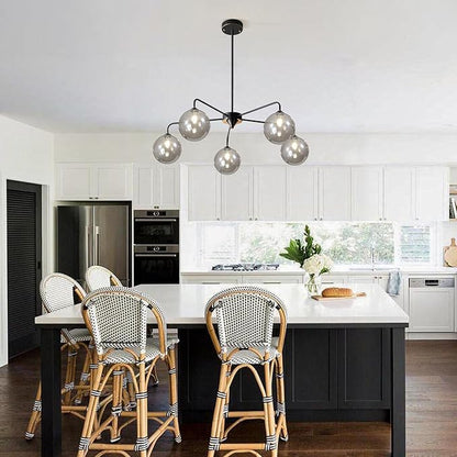 Mid Century Modern Chandelier Smoky Gray Clear Glass Globe Ceiling Light Fixture 5 Light Black Sputnik Chandelier for Kitchen Dining Room Bedroom