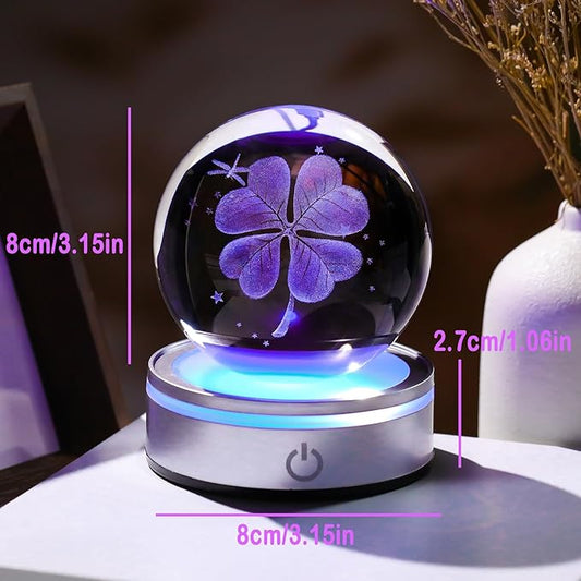 Crystal 3D Four-Leaf Clover 3.15in Ball Figurine Good Luck Gifts for Women on Birthday, Collectible Glass Plants Art for Room with LED Light Base, Lucky Keepsakes for Him Home Decor Paperweight