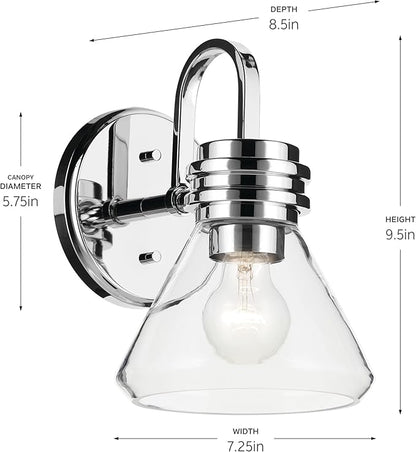 Kichler Farum 7.25" 1-Light Wall Sconce with Clear Glass in Chrome for Bathroom Vanity Light, Kitchen, Bedroom, Hallway, or Fireplace (7.25" W x 9.5" H) 55153CHCLR