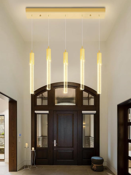 Flashing God 5-Lights Rectangular Pendant Lights for Kitchen Island Gold Linear Crystal Chandelier Modern Chandeliers for Kitchen Island Dining Room
