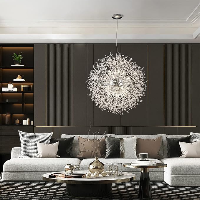 Modern Crystal Chandelier Firework, 31.4" Dandelion Crystal Chandelier Lighting Chrome, 16-Light Steel Large Pendant Sputnik Chandelier for Living Room Foyer