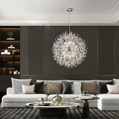 Modern Crystal Chandelier Firework, 31.4" Dandelion Crystal Chandelier Lighting Chrome, 16-Light Steel Large Pendant Sputnik Chandelier for Living Room Foyer
