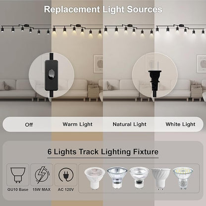 Plug in Track Lighting, LED Track Lighting Fixtures Ceiling, Black 6-Light Kitchen Light Kit, Plug in Wall Light with 14.8ft Power Cord, Rotatable Ceiling Spotlight for Bedroom(GU10 Socket, NO Bulb)