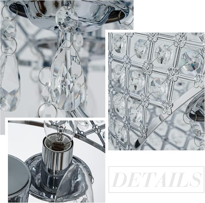 VILUXY Modern Crystal Chandelier Chrome French Country Pendant Light Small Hanging Ceiling Light Fixture Drum Shade for Bedroom, Kitchen Island, Girl Room, Dining Room 4-Light