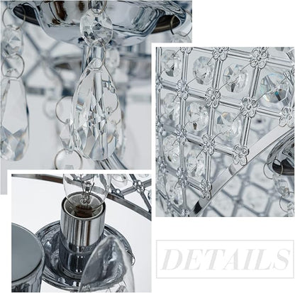 VILUXY Modern Crystal Chandelier Chrome French Country Pendant Light Small Hanging Ceiling Light Fixture Drum Shade for Bedroom, Kitchen Island, Girl Room, Dining Room 4-Light