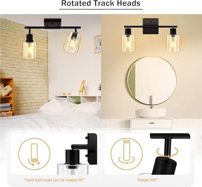 BoostArea LED 2 Light Track Lighting Kit, 2 Way Ceiling Spot Lighting with Glass Lampshade, Flexibly Rotatable Light Head for Kitchen, Living Room, Bedroom, Bulb Not Included