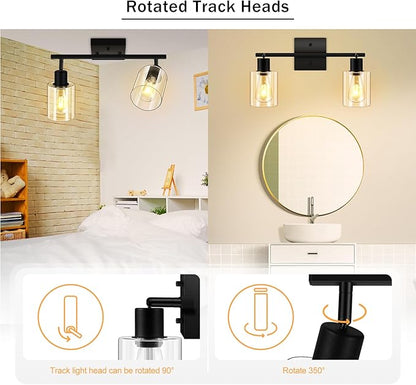 BoostArea LED 2 Light Track Lighting Kit, 2 Way Ceiling Spot Lighting with Glass Lampshade, Flexibly Rotatable Light Head for Kitchen, Living Room, Bedroom, Bulb Not Included