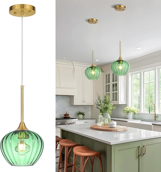 Green Glass Pendant Light, 7 Inch Modern Gold Pendant Lighting Vintage Ceiling Fixtures Mini Hanging Lamp for Kitchen Island Dining Room Restaurant Sink Foyer Entryway