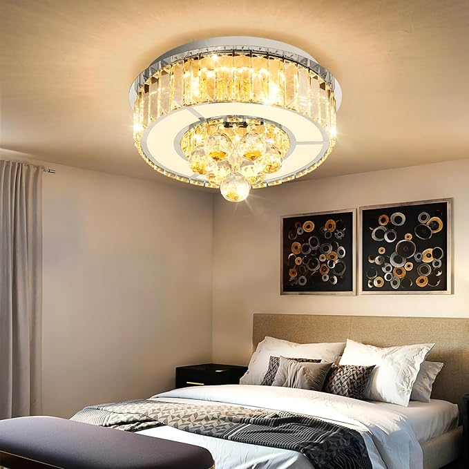 11.8" Silver Modern Crystal Chandeliers for Dining Room LED Dimmable Light Fixtures Flush Mount Light Living Room Bedrooms