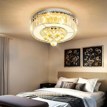 11.8" Silver Modern Crystal Chandeliers for Dining Room LED Dimmable Light Fixtures Flush Mount Light Living Room Bedrooms