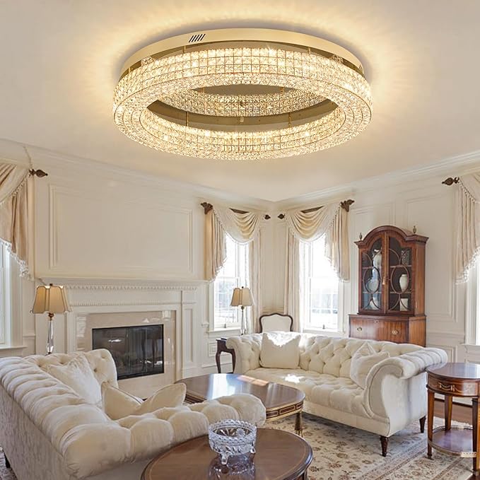 ykolupty 40'' Crystal Chandelier for Living Room Large Chandeliers for Living Room Crystal Flat Mounted Ceiling Lights Dining Room Bedroom Dimmable 2700-6000K (Gold Chandelier)
