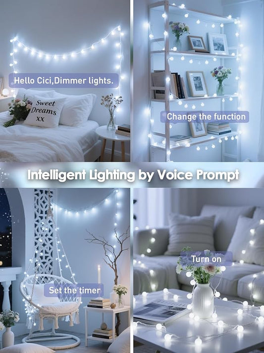 2026 New Connectable 43FT Smart Voice Controlled String Lights Indoor Outdoor | 100LED White Globe Fairy Lights with Remote & Timer | 12 Modes Waterproof Twinkle Light for Classroom Room Decorations