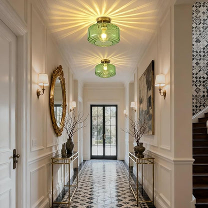 Green Glass Semi Flush Mount Ceiling Light, Luxury Close to Ceiling Light Fixtures with Glass Shade, 11" Round Light Fixtures Ceiling Mount for Bathroom Dining Room Bedroom Living Room Hallway, E26