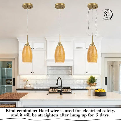 Viinew Mini Glass Pendant Light 4.72" Walnut Wood Grain Pendant Lights 1-Pack Handblown Art Oval Glass Hanging Pendant Light for Kitchen Island Dining Room Living Foyer Hallway Entry Brushed Gold