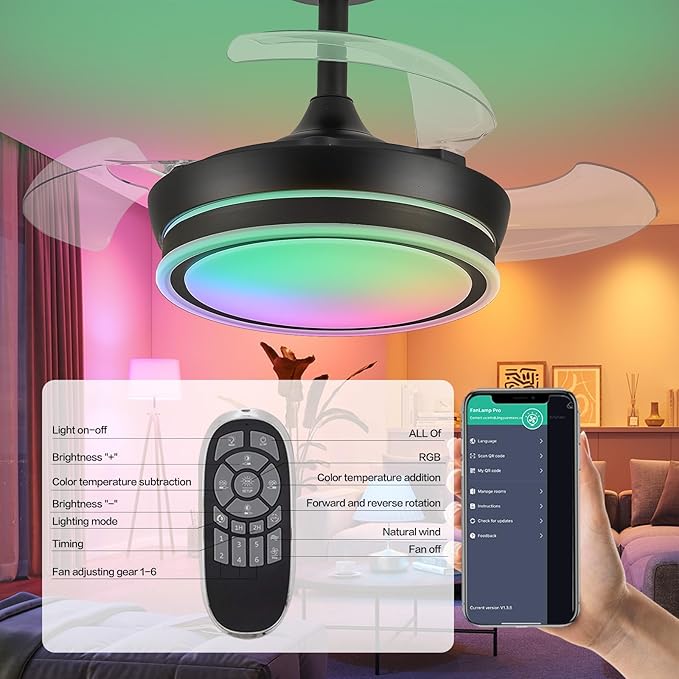 30" RGB Retractable Fandelier Ceiling Fan Dimmable Chandelier Ceiling Fans with Lights and Remote APP Control for Living Dinning Room Bedroom Black