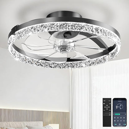 Ceiling Fans with Lights and Remote Low Profile Flush Mount LED Ceiling Fan with Lights 3000K-6500K Dimmable Foldable Fandelier Light 6 Wind Speeds Night Light for Bedroom Living Room Black