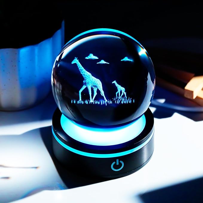 YWHL Giraffe Gifts for Women Men, 3D Giraffe Figurine Crystal Ball Decor with Colorful Light Base, Gifts for Giraffes Lovers on Birthday(80mm)