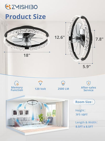 ZMISHIBO Ceiling Fans with Lights and Remote, 18 Inch Flush Mount Fan Light, 6 Speeds, 3CCT, Dimmable, Low Profile Ceiling Fan, Modern Ceiling Fan with Light for Bedroom and Living Room, Black