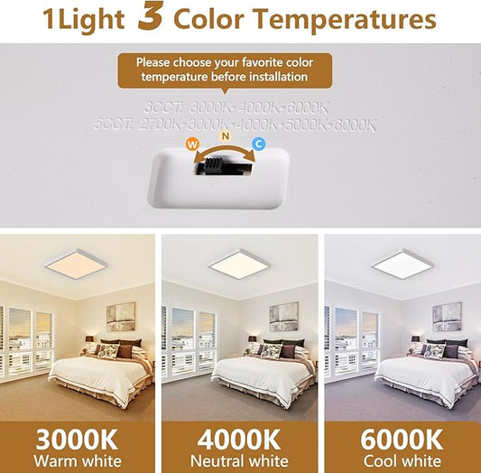12 Inch Square LED Flush Mount Ceiling Light, 30W, 3000LM Square Light Fixture 3000K/4000K/6000K CCT Selectable, LED Flat Panel Ceiling Light Fixture for Bedroom,Kitchen,Living Room (2PK-White)