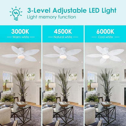 Surtime 46" White Ceiling Fans with RGB Lights - Flush Mount Ceiling Fan Light with LED 3CCT Dimmable, Tropical Palm Leaf Ceiling Fans for Indoor Party,Covered Outdoor