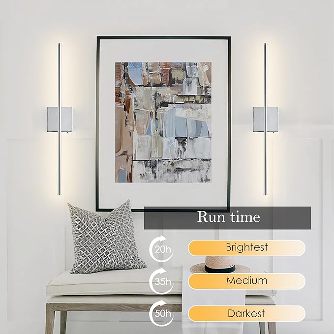KARTOOSH Battery Operated Wall Sconces with Remote Control, Dimmable Wall Sconces Set of Two, 350°Rotate, 3000K LED Chrome Wireless Wall Light for Living Room, Hallway, Bedroom, 28.3 Inch (2 Pack)