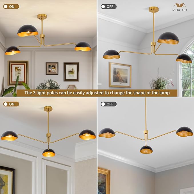 Mid Century Gold Black Chandelier Italian Style for Dining Room, Entryway, Home Office/Study, Kitchen, Bar, Bedroom, Handcrafted of Steel and Aluminum (3 Lights Chandelier)