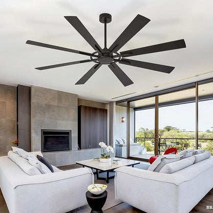 Ceiling Fan Without Light: 66 Inch Big Indoor Outdoor Fan with Remote APP Control - Black Wood Grain Large Ceiling Fan no Light 8 Blade Reversible Quiet DC Motor Memory Function Timer