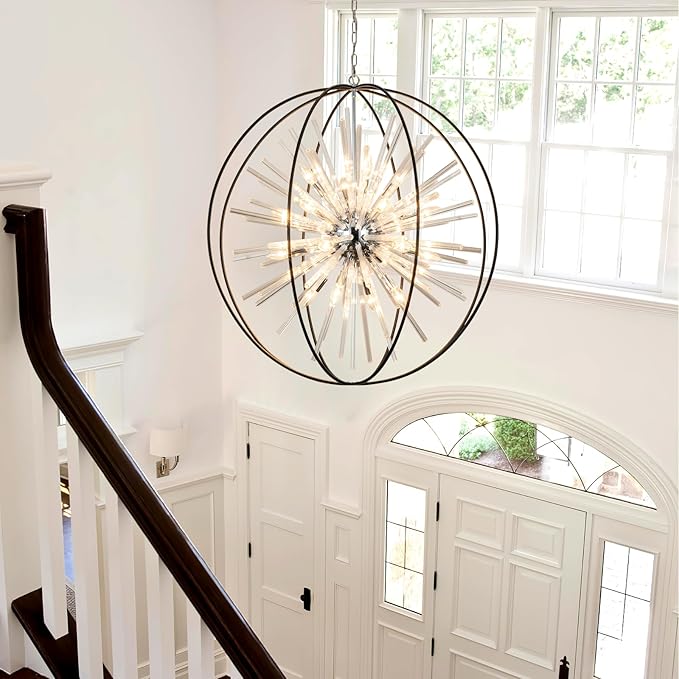 Vezzio 35 inch Large Black Crystal Chandelier Modern Globe Chandeliers for High Ceilings 20-Light Round Chandelier for Foyer Entryway Stairway Dining Room Hallway