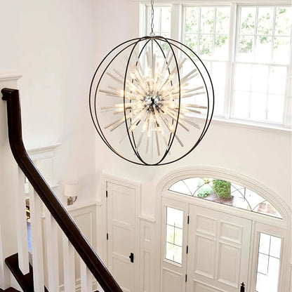 Vezzio 35 inch Large Black Crystal Chandelier Modern Globe Chandeliers for High Ceilings 20-Light Round Chandelier for Foyer Entryway Stairway Dining Room Hallway