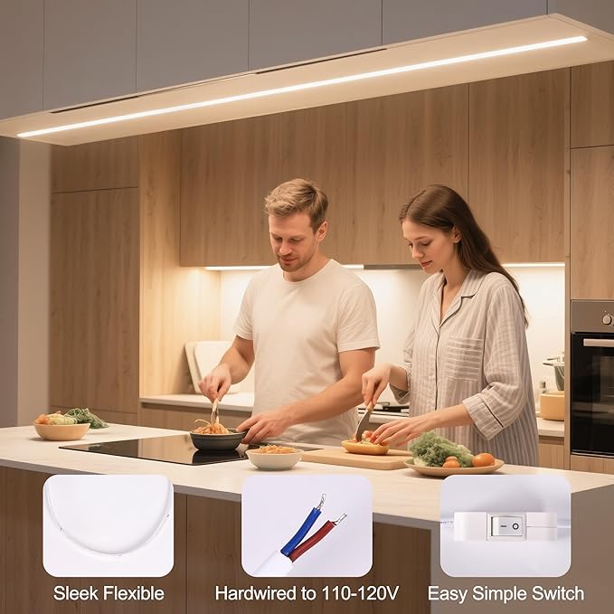 cambk 60inch Hardwired Under Cabinet Lighting for Kitchen, 6000K White Wired Undercounter Waterproof Led Strip Lights, Luces para Cocina Bajo Gabinete Under Shelf Lights