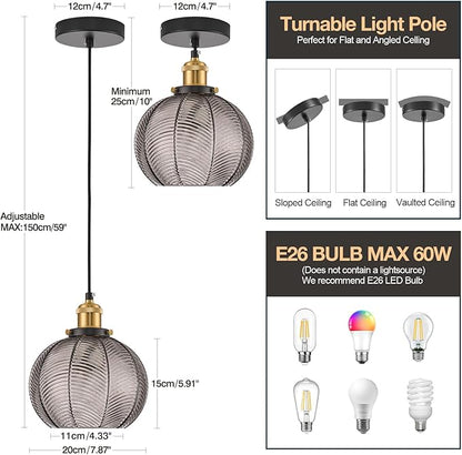 7.8in Vintage Pendant Light 1- Light Kitchen Sink Pendant Lights with Smoke Sray Hand Blown Glass Small Hanging Lamp for Kitchen Island Dining Room Bedroom Bathroom Hallway E26