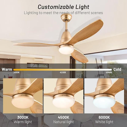52 inch Champagne Gold Luxury Style Ceiling Fan with Light Solid Wood Blade Noiseless Reversible Motor Dimmable Light Memory Living Room and Bedroom Ceiling Fan (Golden04) (Gold)