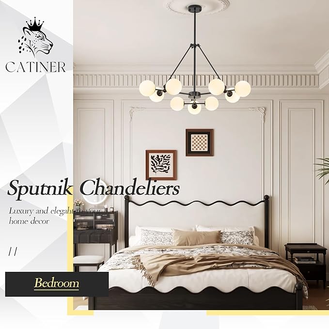 CATINER L40” Black Sputnik Chandeliers 9-Lights Mid Century Chandelier Modern Ceiling Pendant Light Fixtures with Milk Glass Globe Shades for Living Dining Room Foyer Entryway Kitchen Bedroom