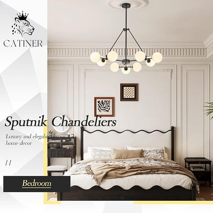 CATINER L40” Black Sputnik Chandeliers 9-Lights Mid Century Chandelier Modern Ceiling Pendant Light Fixtures with Milk Glass Globe Shades for Living Dining Room Foyer Entryway Kitchen Bedroom