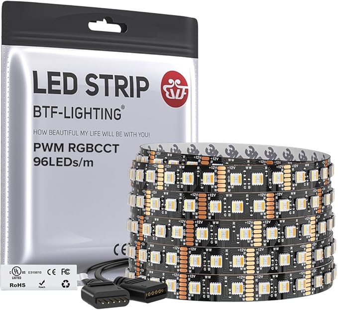 BTF-LIGHTING RGBCCT 5 Colors in 1 LED 5050SMD RGBWW RGB+Dimmable Tunable Color Temperature 2700K-6500K UL Listed 16.4ft 96LED/m 480LED DC12V Multi-Colored IP30 for Decoration(No Adapter or Controller)