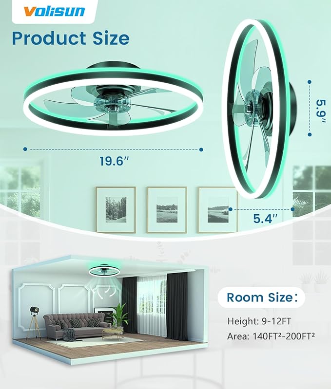 VOLISUN RGB Ceiling Fans with Lights and Remote, 20in Low Profile Ceiling Fans with Lights Flush Mount, 3000K-6500K Dimmable Fandelier LED Fan Light, Black Bladeless Ceiling Fans for Bedroom