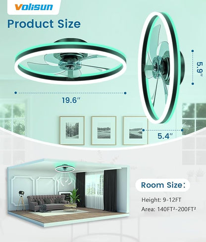 VOLISUN RGB Ceiling Fans with Lights and Remote, 20in Low Profile Ceiling Fans with Lights Flush Mount, 3000K-6500K Dimmable Fandelier LED Fan Light, Black Bladeless Ceiling Fans for Bedroom