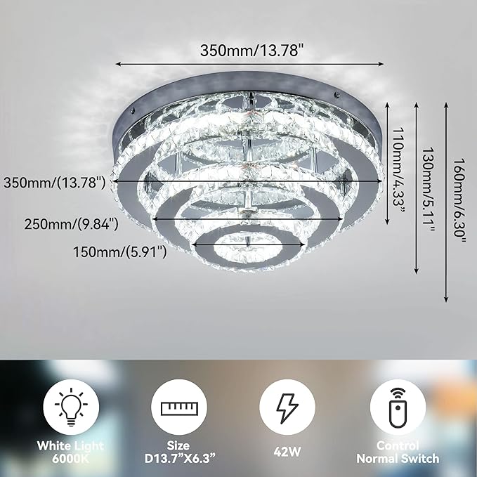Modern Crystal Chandelier LED 3 Tier Crystal Ceiling Lights Flush Mount Round Chandeliers for Bedrooms Dining Room Living Room,Dia 13.8",Cool White,42 W
