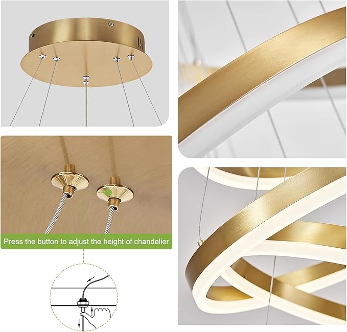 Benkut 2-Rings Modern LED Chandelier Gold for Dining Room, Circular Flush Mount Ceiling Chandelier Light Dimmable Pendant Light with Remote Control for Living Room Entrance Foyer, 3000K-6500K