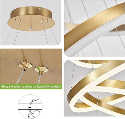 Benkut 2-Rings Modern LED Chandelier Gold for Dining Room, Circular Flush Mount Ceiling Chandelier Light Dimmable Pendant Light with Remote Control for Living Room Entrance Foyer, 3000K-6500K