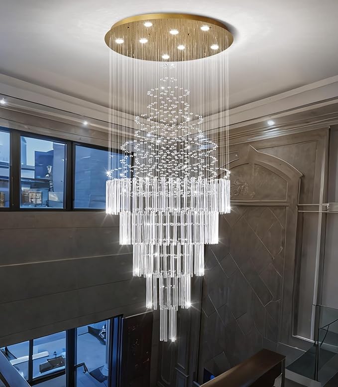 HAIXIANG W24 x H78 Crystal Glam Chandelier Long Light Chandeliers with Dimmable Light Bulbs High Ceiling Light Fixtures for Foyer Entryway Living Room Stair Gold
