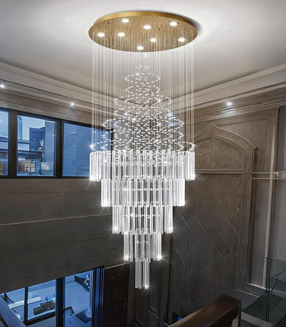 HAIXIANG W24 x H78 Crystal Glam Chandelier Long Light Chandeliers with Dimmable Light Bulbs High Ceiling Light Fixtures for Foyer Entryway Living Room Stair Gold
