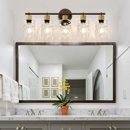 MOKATNG Bathroom Light Fixtures, 5-Light Coastal Vanity Lights with Crystal Glass Shade, Oil-Rubbed Bronze Bathroom Wall Lamp for Mirror Kitchen Hallway Cabinet