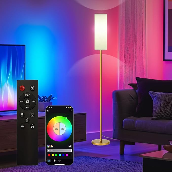 Qaubauyt Smart LED Floor Lamp with APP Control & RGB Colors - Dimmable Standing Lamp for Living Room, Bedroom, Gaming - Remote, Timer, 9W Bulb Included, 67" Modern Tall Lamp (Gold)