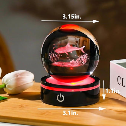YWHL 3D Shark Figurine Crystal Ball with Colorful Light Base, Shark Gifts for Women Men Shark Lovers on Christmas Birthday, 3D Laser Engraved Shark Sphere Glass Ball for Home Office Decoration (80mm)
