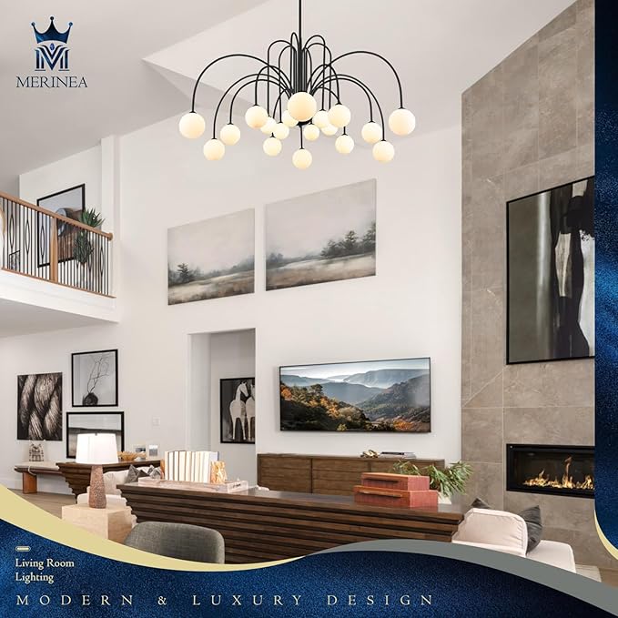 18 Lights Extra Large Sputnik Chandelier L59’’ Mid Century Black Milk Glass Globe Ceiling Pendant Light Fixture Contemporary for Foyer Staircase Living Dining Room High Ceiling